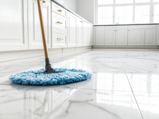 A clean kitchen floor being mopped with a blue mop, showcasing shiny tiles and bright natural light.