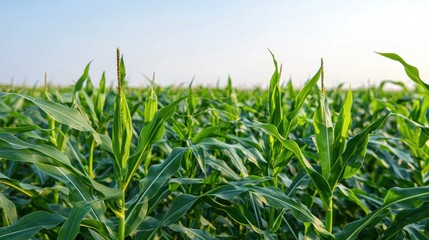 Obraz premium Lush Green Cornfield Under Clear Blue Sky with Growing Corn Plants and Bright Sunlight in Agricultural Landscape