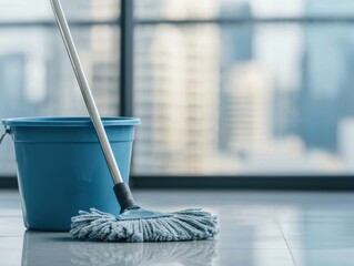 A blue mop rests beside a bucket on shiny floors, with a city skyline visible through large windows in the background.