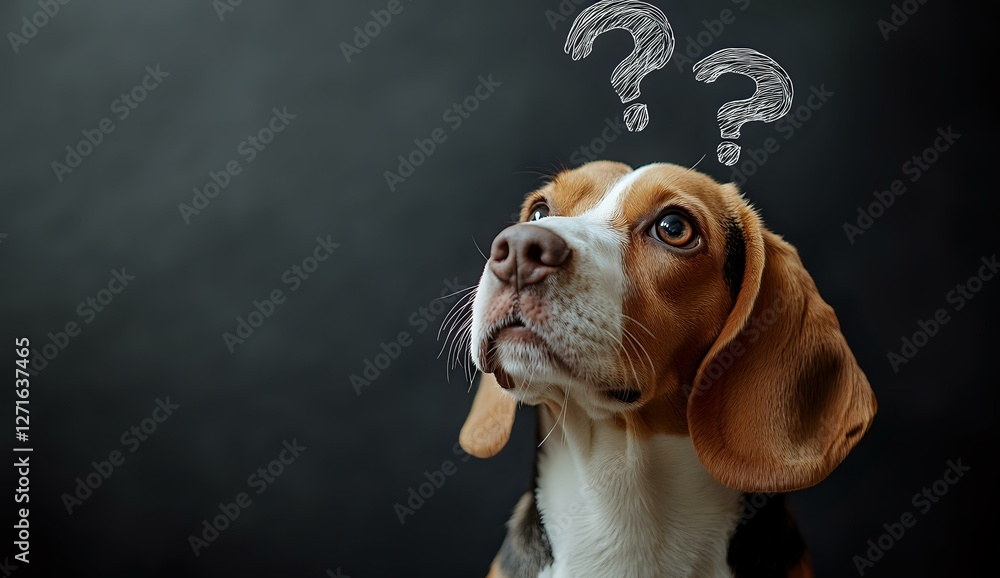 Poster curious beagle puppy looking up with question marks above head against dark background, expressing c