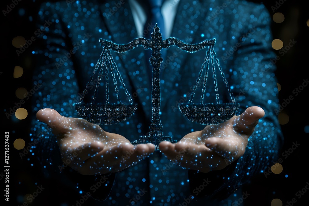 Poster digital scales of justice floating above businessman hands with glowing blue particles and bokeh eff
