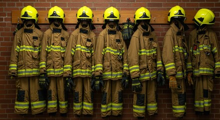 Firefighter uniforms and protective gear hanging on brick wall. Row of yellow helmets and tan turnout coats. Emergency responder equipment storage display. Safety gear lineup