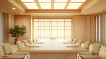 Fototapeta premium Serene Japanese-Inspired Minimalist Conference Room with Simple Wooden Decor and Neutral Ambiance