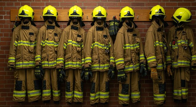 Firefighter uniforms and protective gear hanging on brick wall. Row of yellow helmets and tan turnout coats. Emergency responder equipment storage display. Safety gear lineup
