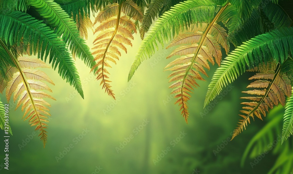 Poster lush green ferns framing a softly lit forest background with gentle light filtering through