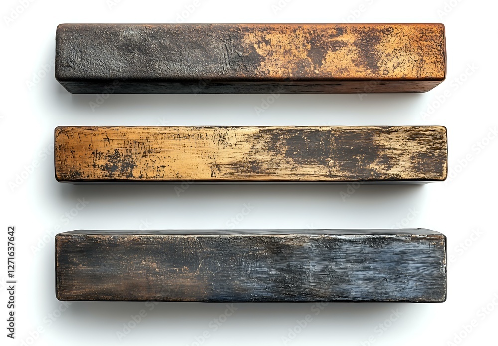 Poster Weathered wooden planks with rustic texture and distressed surface showing natural aging patterns, arranged horizontally on white background for design projects.