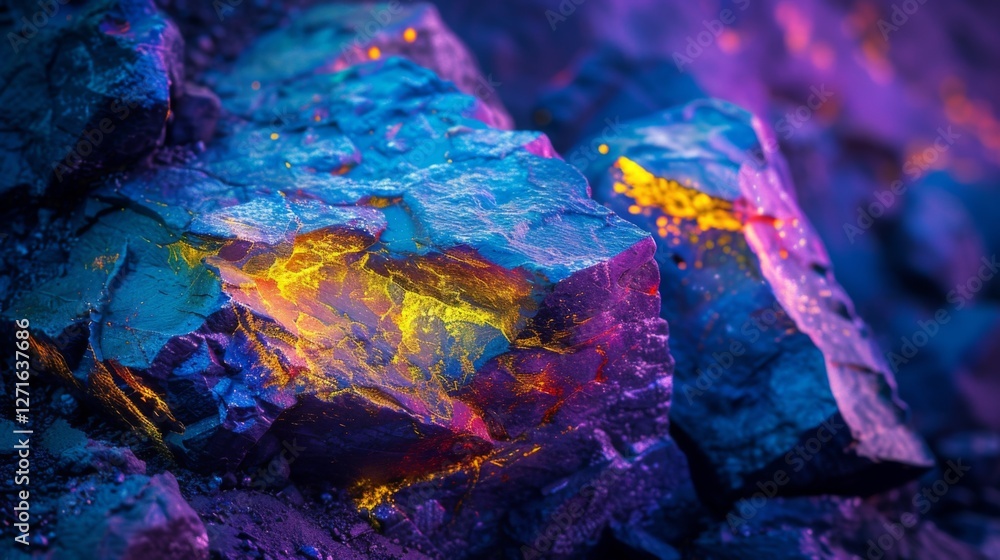 Aufkleber Vibrant minerals with an array of colors display their unique textures under light, highlighting their natural beauty and geological significance in a stunning setting.