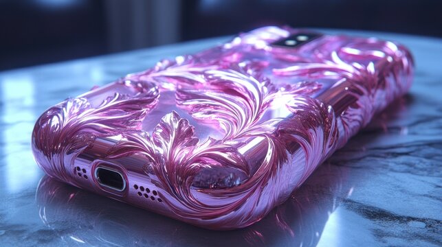 Pink phone case, ornate design, marble, studio - Powered by Adobe