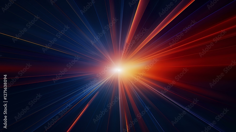 Poster dramatic light burst with red and blue rays radiating from bright center point against dark backgrou
