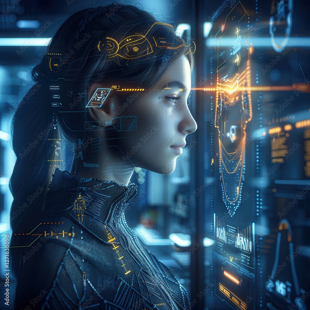 Poster a futuristic face illuminated by glowing digital circuitry, showcasing the intersection of technolog