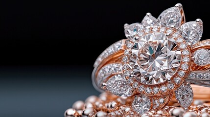 Rose gold diamond ring close-up, jewelry ad