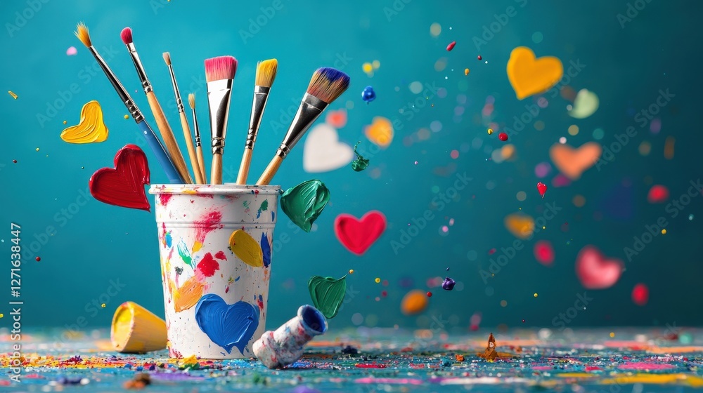 Poster a vibrant cup filled with paintbrushes surrounded by colorful splashes and heart shapes. perfect for