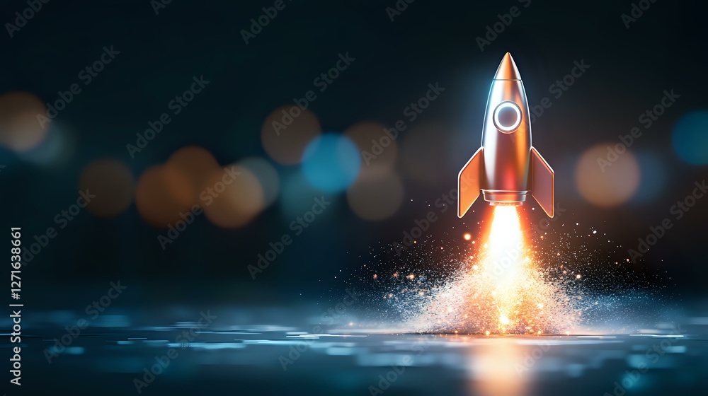Poster retro rocket launching from water surface with bright flame and splash effect against dark backgroun
