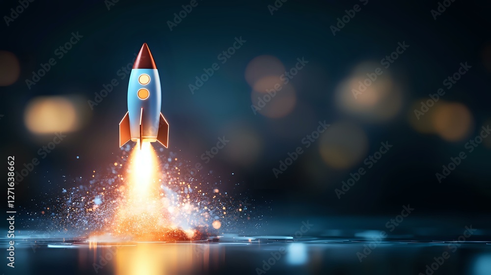 Poster retro rocket launching from water surface with fire blast and sparkles against dark bokeh background