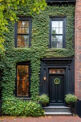 Charming black door of a historic brick house covered in vibrant green ivy, showcasing autumn colors in a quaint neighborhood