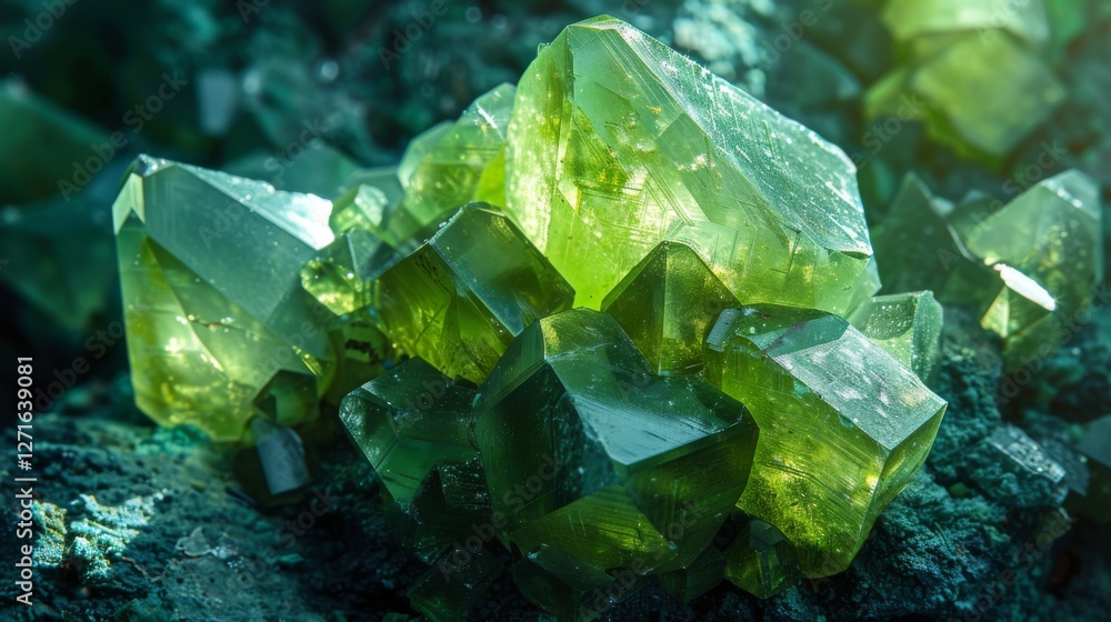 Aufkleber vibrant green crystals with various geometric shapes are clustered together, catching natural light 