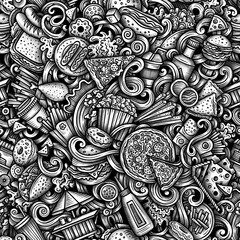 Cartoon doodles Fast Food seamless pattern