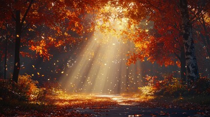 Autumn Sunlight Path in Forest