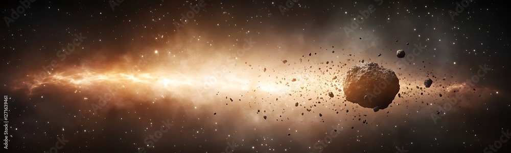 Poster A stunning image depicting an asteroid belt colliding in deep space, showcasing celestial dynamics and cosmic beauty.