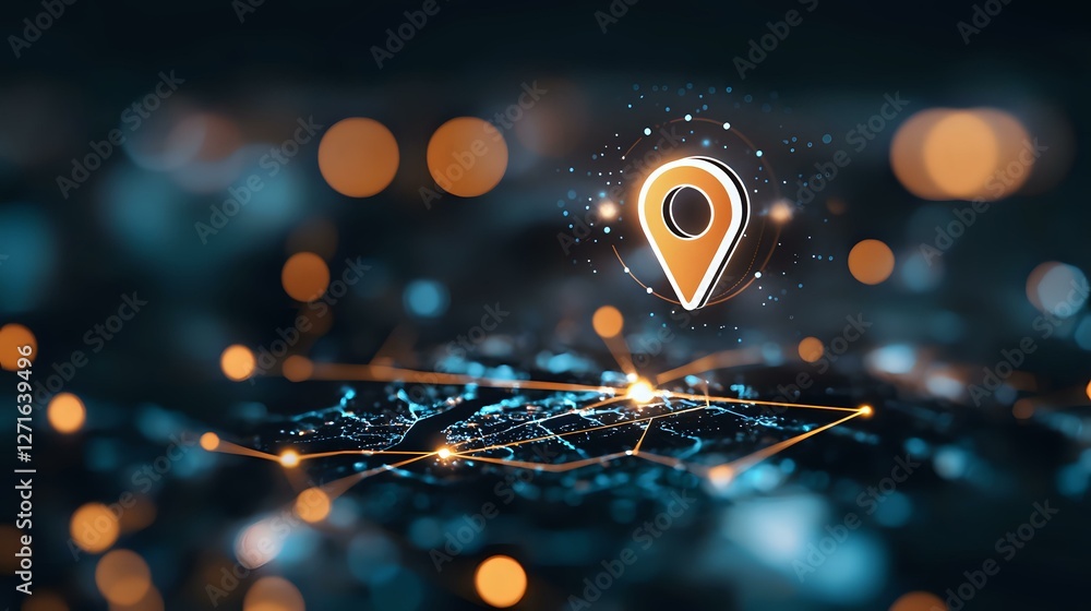Poster Glowing location pin icon over digital network with orange bokeh lights and blue technology connections on dark background. Suitable for GPS navigation concepts.