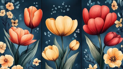 This illustration features a vibrant arrangement of red and yellow tulips surrounded by delicate flowers, set against a rich dark blue background. 