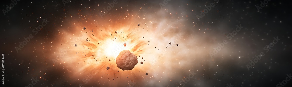 Poster asteroid belt collision depicted in deep space, showcasing cosmic phenomena and celestial events in 