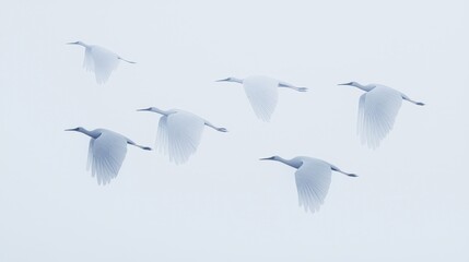 Obraz premium Flock of white egrets flying together in formation against a bright overcast sky during daytime.