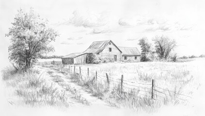 Realistic Pencil Sketch of a Rustic Barn with Country Road and Trees in a Rural Landscape