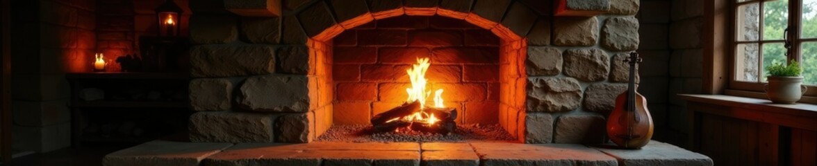 Flickering firelight on the walls of a stone fireplace, warm glow, stone, peaceful