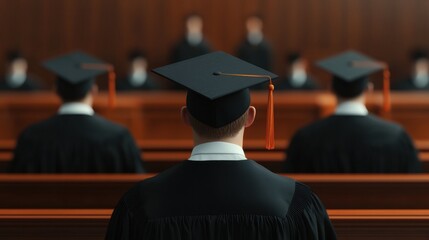 Graduation ceremony in court with students wearing caps and gowns attending a judicial proceeding in a solemn environment