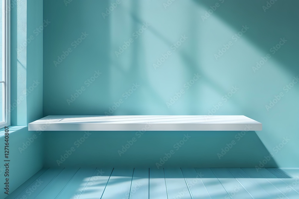 Poster empty white shelf on turquoise wall with window light and shadows creating minimalist interior scene