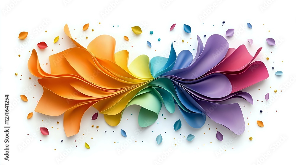 Poster colorful abstract paper flower shape with rainbow gradient petals and scattered elements on white ba
