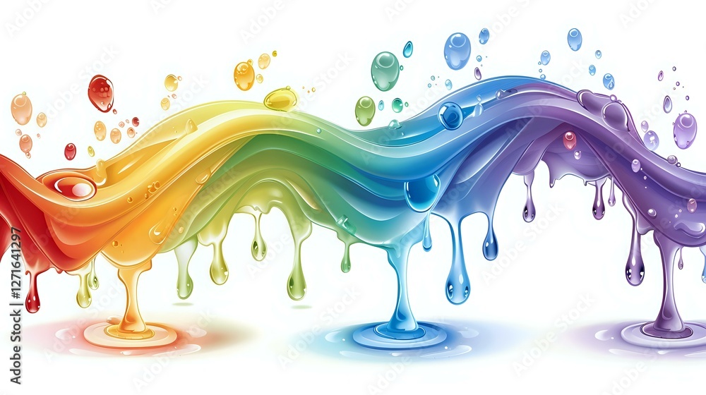 Poster colorful liquid rainbow wave with splashes and drops flowing in spectrum colors from red to purple, 