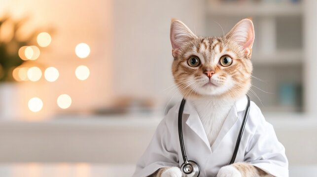 A charming cat is dressed in a doctor's outfit with a stethoscope sitting confidently in a veterinary clinic. The background is softly blurred creating a warm and inviting atmosphere for pet care