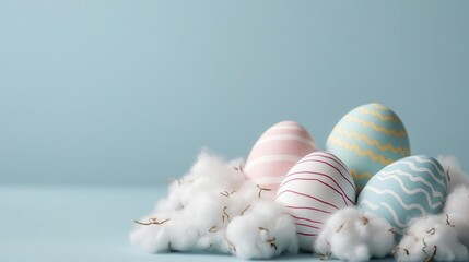 Obraz premium Ethereal pastel Easter eggs with dreamy soft swirl patterns, nestled in fluffy white clouds of cotton