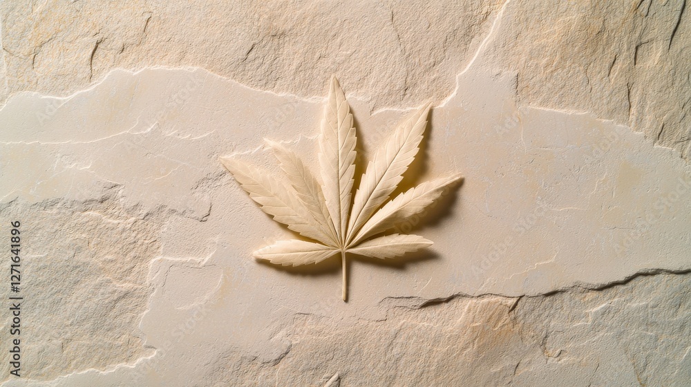 Poster elegant white leaf placed on a textured stone surface, creating a minimalist and serene composition 