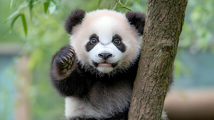 Fototapeta premium Cute panda cub climbing tree, green leaves background