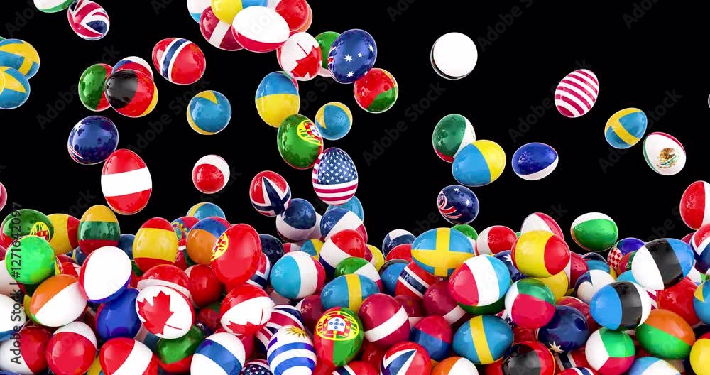 Poster easter eggs with flags falling and fill the screen. 3d animation on transparent background