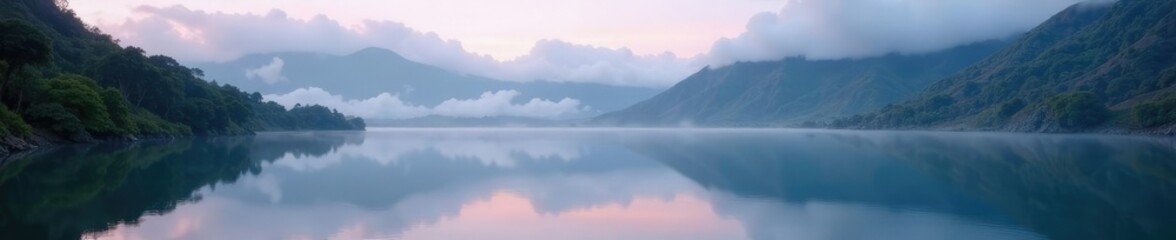 Fototapeta premium Misty morning at a serene lake in the mountains of Galapagos, misty, mountains, morning