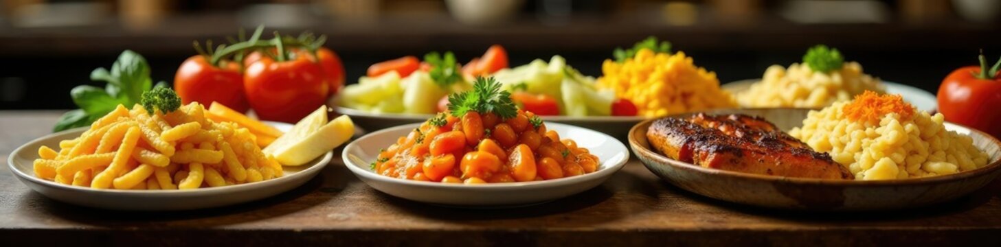 Mesa de banquete con diferentes tipos de comida, alimentos, panes