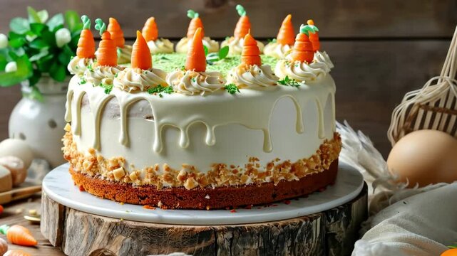 Easter cake with cream and mini marzipan carrots