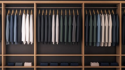 Obraz premium Organized wardrobe with neatly hanging shirts in a modern wooden closet showcasing a variety of colors and styles