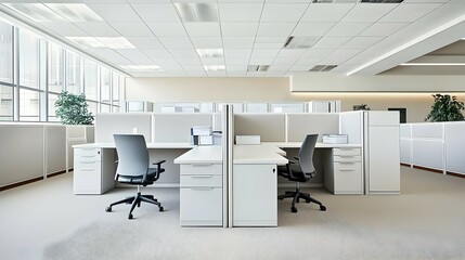 Modern White Office Interior with Cubicles and Desks