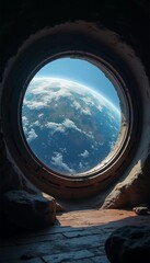 Observing planet Earth through a porthole reveals a breathtaking view of snow-capped mountains, serene oceans, and scattered clouds, highlighting the planet beauty from above. Generative AI