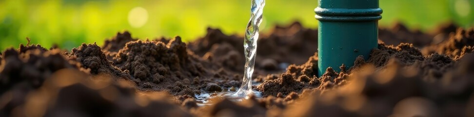 Pipe inserted into the soil with water coming out, soil, land