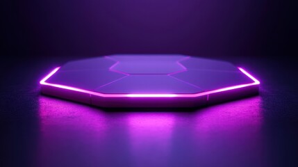 Purple neon octagon platform, dark studio, product display