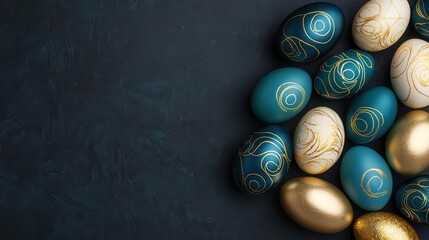 Luxury Easter eggs with gold foil swirls over deep jeweltone colors, displayed elegantly for a grand spring event