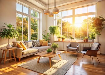 Bright Cozy Minimalist Room with Large Windows & Soft Furnishings - Stock Photo