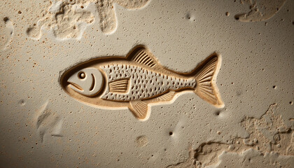 Ichthys fish symbol intricately carved into rough stone, highlighting its textured surface
