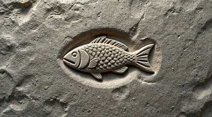 Ichthys fish symbol carved into rough stone with soft diffused lighting, ancient ambiance